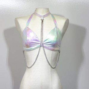 Iheartraves Chain Game Choker Iridescent Bra Top